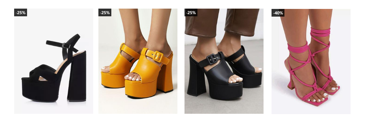 Black, yellow, and pink women's heel sandals.